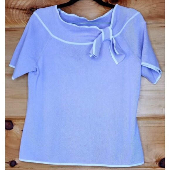 Designer Originals Purple White Trim Short Sleeve Knit Top Sweater Bow Large - Picture 16 of 16